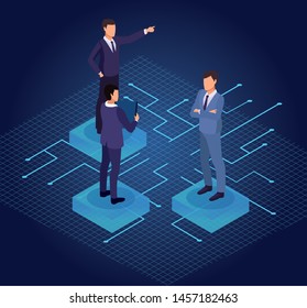 Friends playing with virtual reality glasses and world hologram on blue background with game graphs vector illustration graphic design