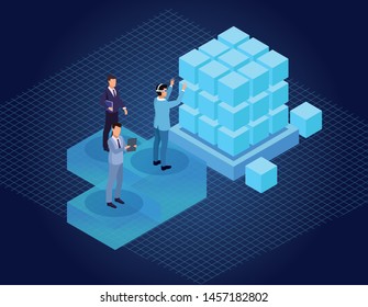 Friends playing with virtual reality glasses and world hologram on blue background with game graphs vector illustration graphic design