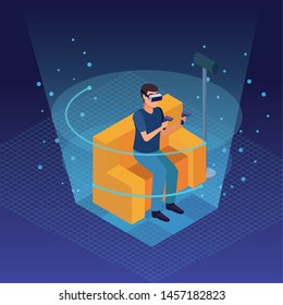 Friends playing with virtual reality glasses on blue background with game graphs vector illustration graphic design