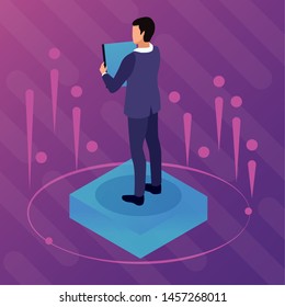 Friends playing with virtual reality glasses on blue background with game graphs vector illustration graphic design
