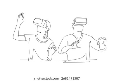 Amigos que juegan en un dibujo de una línea del concepto del centro del vr