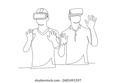 Friends playing at a vr center concept one-line drawing