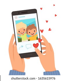 Friends portrait. Hands holding smartphone with photo of happy smile kids on screen like in social website vector cartoon background