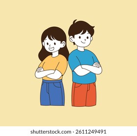 Friends are posing with each other's backs. Illustration vector with minimal design.