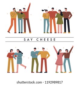 Friends are posing to take pictures. flat design style vector graphic illustration
