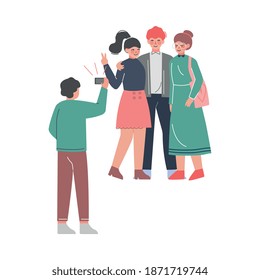 Friends Posing while Photographer Taking Photos Cartoon Style Vector Illustration