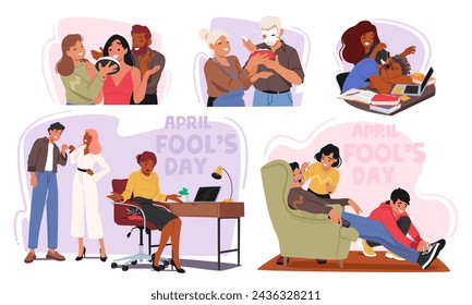 Friends Prank Each Other On April Fools Day With Fake Spider, Cake in Face, Fart Pillow and Doodling, Tying Shoelaces, Playing Unexpected Surprises, Fostering Laughter And Playful Camaraderie, Vector svg