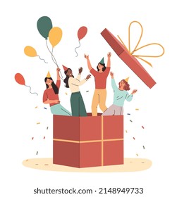 Friends prepared surprise. Group of girls jump out of open large box with balloons. Birthday and important holiday. Design for greeting or invitation postcard. Cartoon flat vector illustration