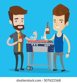 Amigos preparando churrasco e bebendo cerveja. Grupo de amigos se divertindo em uma festa de churrasco. Amigos homens caucasianos sorridentes fazendo uma festa de churrasco. Ilustração de design plano vetorial. Layout quadrado.