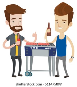 Friends preparing barbecue and drinking beer. Group of friends having fun at a barbecue party. Caucasian male friends at barbecue party. Vector flat design illustration isolated on white background.
