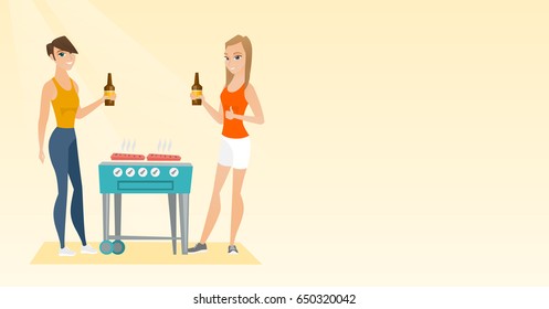 Friends preparing barbecue and drinking beer. Group of friends having fun at a barbecue party. Smiling caucasian friends having a barbecue party. Vector flat design illustration. Horizontal layout.