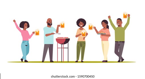 friends preparing hot dogs on grill and drinking beer happy african american men women group having fun picnic barbecue weekend party concept flat full length horizontal vector illustration