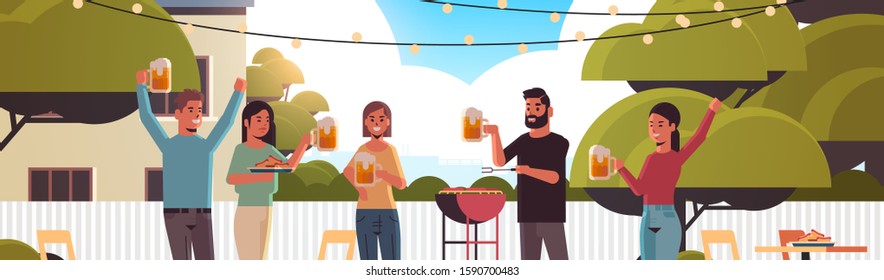 friends preparing hot dogs on grill and drinking beer happy men women group having fun backyard picnic barbecue party concept flat portrait horizontal vector illustration