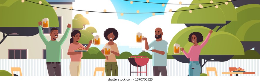 friends preparing hot dogs on grill and drinking beer happy african american men women group having fun backyard picnic barbecue party concept flat portrait horizontal vector illustration