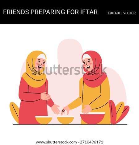 Friends Preparing For Iftar Set Of Illustration Ramadan Dinner Gathering Muslim Family Meal Breaking Fast