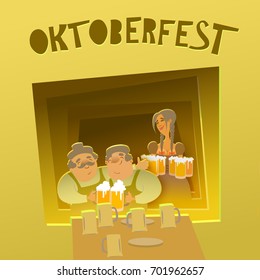 Friends in the pub ,drinking beer, and a waitress. Vector illustration.