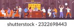 Friends in pub interior. People hangout bar counter, dancing party guy drink alcoholic beverage meeting happiness company waiter work night restaurant, splendid vector illustration of pub bar interior