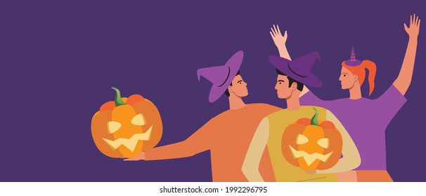Amigos con calabazas para halloween, copien plantilla de espacio. Ilustración de material vectorial plano. Cara de calabaza de Halloween. Fondo para superposición. Disfraces alegres de gente. Lugar para el texto