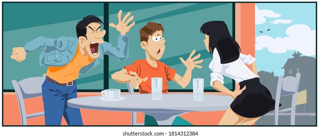 Friends quarrel in cafe. Illustration for internet and mobile website. 