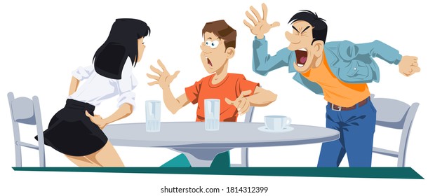 Friends quarrel in cafe. Illustration for internet and mobile website. 