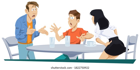 Friends quarrel in cafe. Illustration for internet and mobile website. 