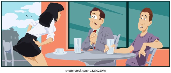 Friends quarrel in cafe. Illustration for internet and mobile website. 