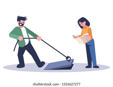 Friends in quest room flat vector illustration. Woman reading map, man opening basement isolated cartoon characters on white background. Couple in escape room looking for exit. Logic game