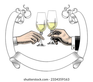 Friends raise a toast with glasses of champagne at a family dinner. Hands of a man and a woman greeting each other with glasses of champagne. Vector illustration.