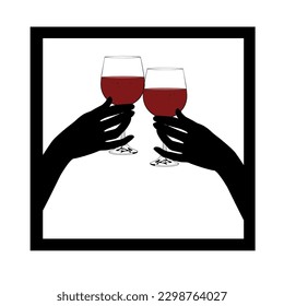 Friends raising a toast with glasses of wine at family dinner. Hands of man and woman cheering with glasses of wine. Friends cheering with wine glasses. Vector illustration.