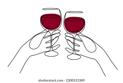 Friends raising a toast with glasses of wine at family dinner. Hands of friends cheering with glasses of wine. Friends cheering with wine glasses. Vector illustration.