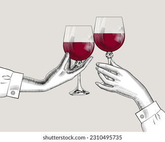 Friends raising a toast with glasses of wine at family dinner. Hands of friends cheering with glasses of wine. Friends cheering with wine glasses. Vector illustration.