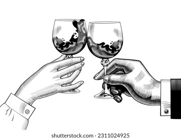 Friends raising a toast with glasses of wine at family dinner. Hands of man and woman cheering with glasses of wine. Friends cheering with wine glasses. Vector illustration.	