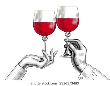 Amigos preparando un brindis con vasos de vino en la cena familiar. Manos de amigos vitoreando con vasos de vino. Amigos animando con vasos de vino. Ilustración vectorial.