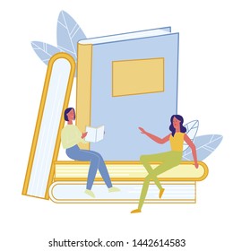 Friends Reading Books Flat Vector Illustration. Librarian Sitting on Textbooks Pile Character. Two Girlfriends Visiting Library, Choosing Novel. Students Literature Course Exam Preparation