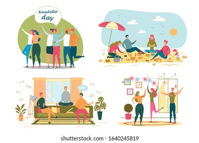 Friends Recreation Flat Vector Illustrations Set. Friendship Day Home Party. People Group Hugging, Spending Time Together Isolated Design Elements Collection. Cartoon Characters Communication