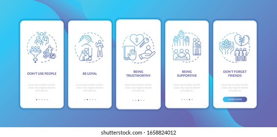 Friends relation onboarding mobile app page screen with concepts. Friendship and love relationship tip walkthrough 5 steps graphic instructions. UI vector template with RGB color illustrations