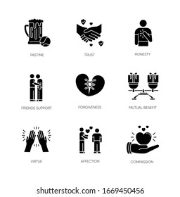 Friends relationship black glyph icons set on white space. Social connection, strong interpersonal bond silhouette symbols. Friendly communication, fellowship. Vector isolated illustration