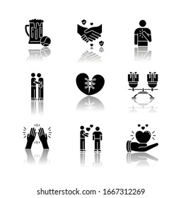 Friends relationship drop shadow black glyph icons set. Social connection, strong interpersonal bond symbols. Friendly communication, fellowship. Isolated vector illustrations on white space