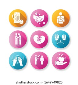 Friends relationship flat design long shadow glyph icons set. Social connection, strong interpersonal bond, emotional affection. Friendly communication, fellowship. Silhouette RGB color illustration