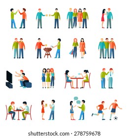 Friends relationship people society icons flat set isolated vector illustration