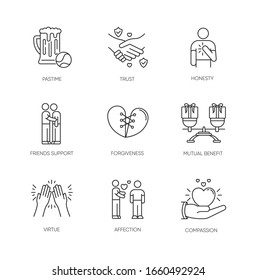 Friends relationship pixel perfect linear icons set. Social connection, strong interpersonal bond customizable thin line contour symbols. Isolated vector outline illustrations. Editable stroke