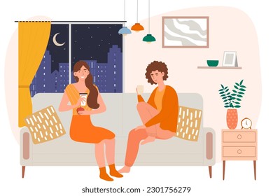 Friends relax indoor. Women with hot drinks and apple sit in apartment in evening and communicate. Rest after work or study. Students spend time together. Cartoon flat vector illustration