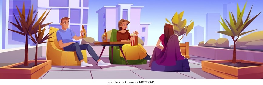 Friends relax at rooftop or home terrace with cityscape view. People resting on open roof top patio or veranda sitting on chairs at table with popcorn, beer and blankets, Cartoon vector illustration