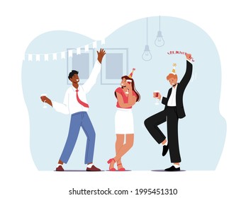 Friends Relaxation, Home Party, Recreation. Friends Meeting, Corporate. Young Woman and Men in Funny Hats Clink Glasses with Alcohol Drink Have Fun, Celebrate Event. Cartoon People Vector Illustration