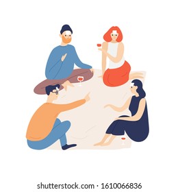 Friends relaxing indoors flat vector illustration. Young people playing game with sticker notes stuck to forehead cartoon characters. Boys and girls drinking wine. Pleasant pastime, entertainment idea