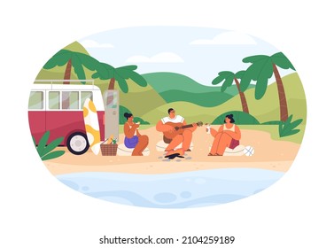 Amigos relajándose en picnic durante las vacaciones de verano. Gente descansando en la naturaleza con guitarra y cócteles cerca del agua, en la costa del mar. Tiempo de ocio junto al mar. Ilustración vectorial plana aislada en fondo blanco