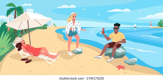Friends relaxing at sandy beach flat color vector illustration. Summertime leisure. People sunbathing, taking selfie 2D cartoon character with ocean and tropical palm trees on background