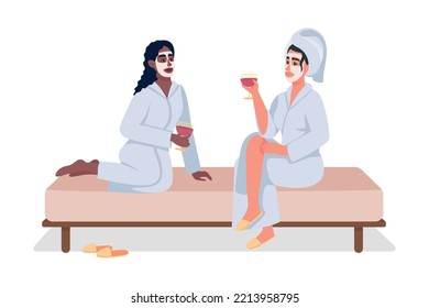 Friends relaxing at spa 2D vector isolated illustration. Recreation time at beauty salon flat characters on cartoon background. Girl party colourful editable scene for mobile, website, presentation