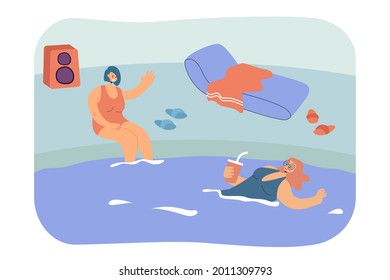 Friends relaxing in swimming pool flat vector illustration. Girl swimming and drinking beverage. Other girl sitting with legs dangling in water. Friendship, summer, relax, togetherness concept