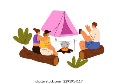 Friends relaxing, talking at bonfire, campfire at camping. Happy people campers speaking at fire, campsite, campground on summer vacation. Flat vector illustration isolated on white background